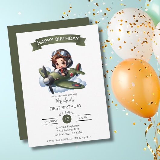 Invitation Premier Anniversaire de Garçon Pilote Avion Vintag