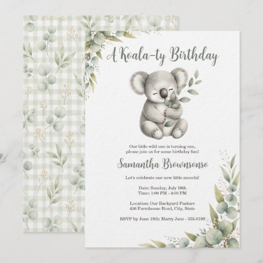 Invitation Premier anniversaire de koala mignon (Devant / Derrière)