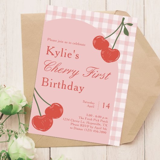 Invitation Premier anniversaire de la cerise de fille rose et