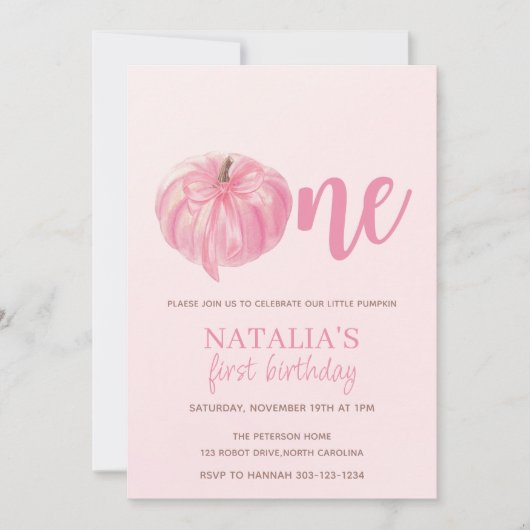 Invitation Premier anniversaire de la Citrouille rose Bow (Devant)