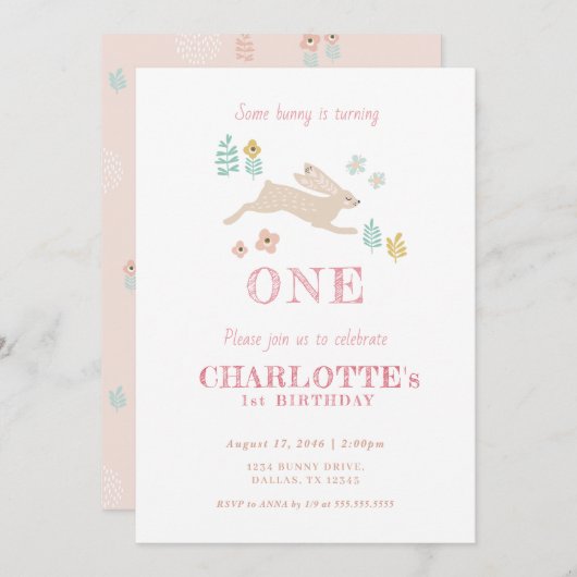 Invitation Premier Anniversaire de la fille Bunny rose rose m (Devant / Derrière)