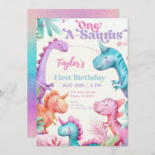 Invitation Premier anniversaire de la fille Dinosaure pourpre (Devant / Derrière)