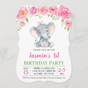 Invitation Premier anniversaire de la Fille Floral Pink Eleph