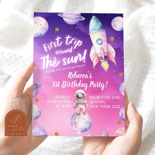 Invitation Premier anniversaire de la fille spatiale Pink Pur