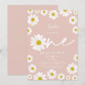 Invitation Premier anniversaire de la marguerite rose et blan (Devant / Derrière)