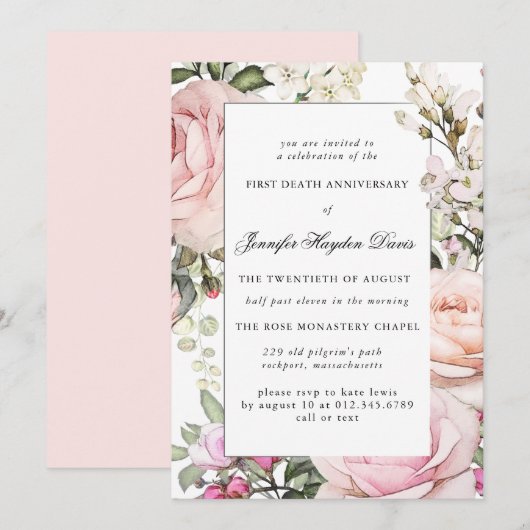Invitation Premier anniversaire de la mort de Floral blanc ro (Devant / Derrière)