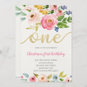 Invitation Premier anniversaire de la petite fille florale d' (Devant / Derrière)