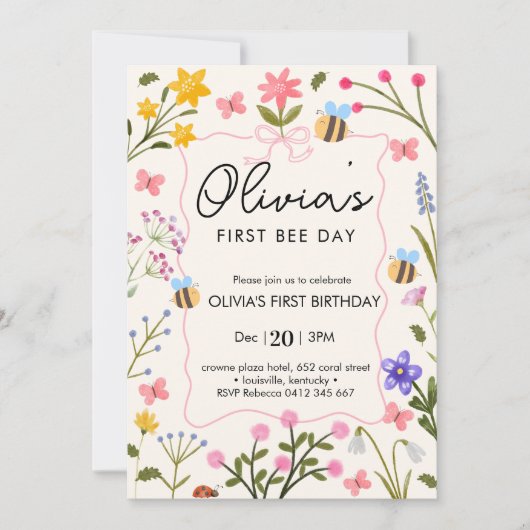 Invitation Premier anniversaire de l'abeille mignonne (Devant)