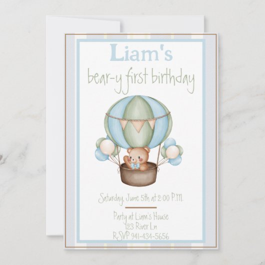 Invitation Premier anniversaire de l'ours pour Garçon (Devant)