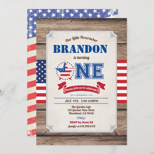 Invitation premier anniversaire de naissance 4 juillet (Devant / Derrière)