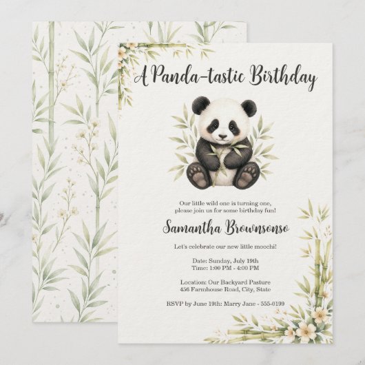 Invitation Premier anniversaire de Panda Mignon (Devant / Derrière)