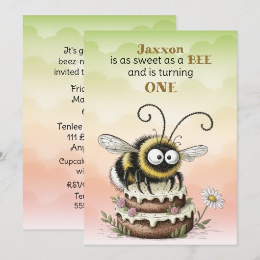 Invitation Premier anniversaire de Petit Abeille Bébé Garçon (Devant / Derrière)