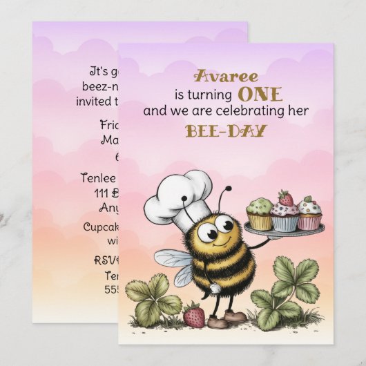 Invitation Premier anniversaire de petite abeille bébé fille (Devant / Derrière)