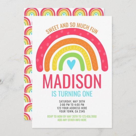 Invitation Premier anniversaire de Rainbow moderne (Devant / Derrière)