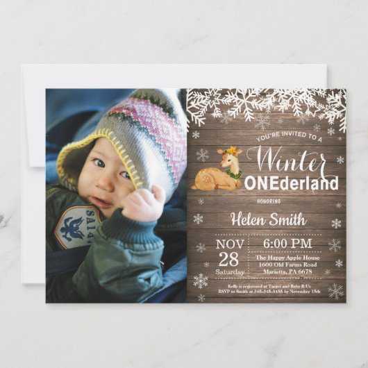 Invitation Premier Anniversaire de Winter Onederland Rustique (Devant)