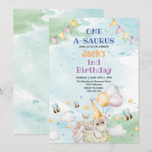 Invitation Premier Anniversaire Dino Dinosaur (Devant / Derrière)