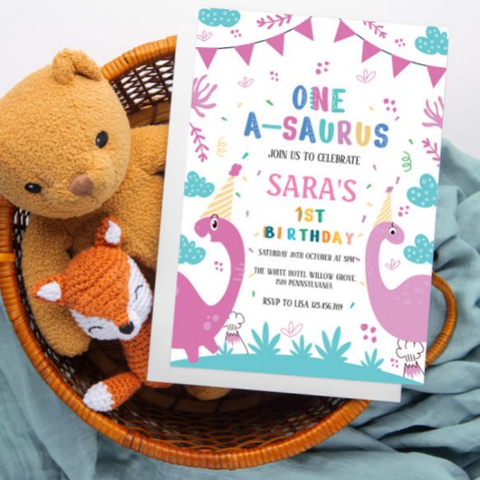 Invitation Premier Anniversaire Dinosaure rose foncé et clair