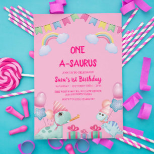 Invitation Premier anniversaire Dinosaures & Rainbow Pink