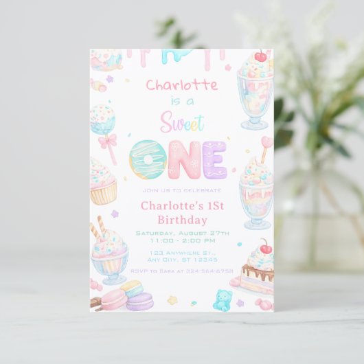 Invitation Premier Anniversaire Douce Fête Pastel (Debout devant)