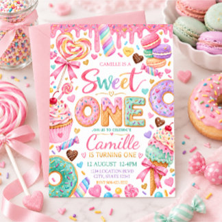 Invitation Premier anniversaire doux pastel bonbons