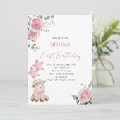 Invitation Premier Anniversaire Doux Petite Agneau Roses Rose (Debout devant)