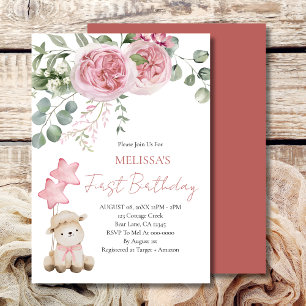 Invitation Premier Anniversaire Doux Petite Agneau Roses Rose