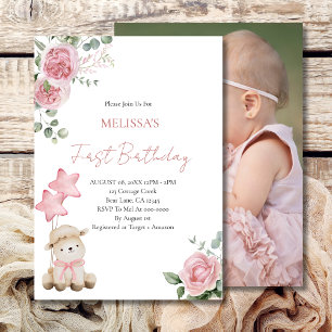 Invitation Premier Anniversaire Doux Petite Agneau Roses Rose