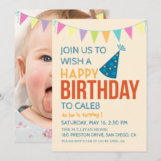 Invitation Premier anniversaire du bébé mignonne Photo d'anni (Devant / Derrière)