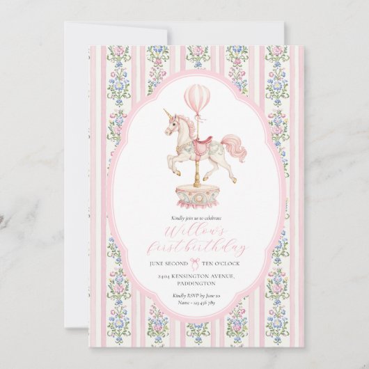 Invitation Premier anniversaire du Carousel rose (Devant)