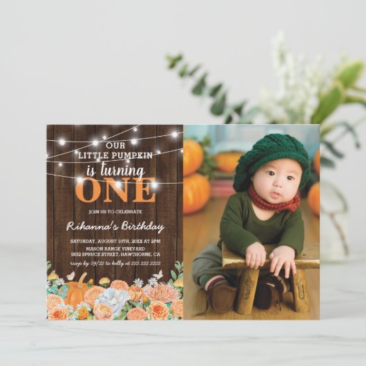 Invitation Premier anniversaire du citrouille | Rustic Fall P (Debout devant)