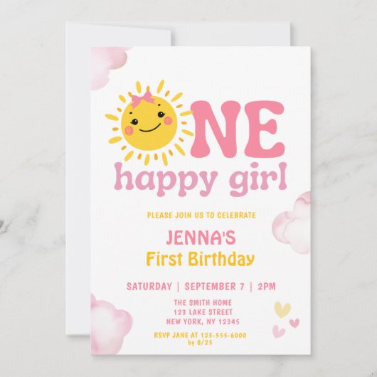 INVITATION PREMIER ANNIVERSAIRE D'UNE FILLE HEUREUSE (Devant)