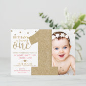 Invitation Premier anniversaire Faux Gold Parties scintillant (Debout devant)