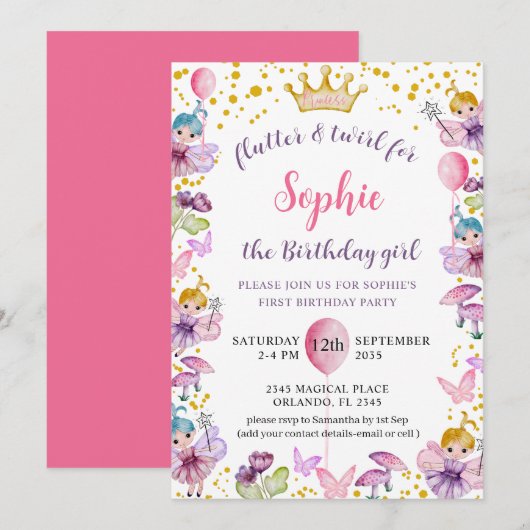 Invitation Premier Anniversaire Fée Princesse Rose & Or (Devant / Derrière)