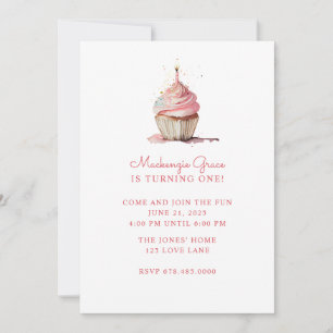 Invitation Premier anniversaire fille Cupcake rose