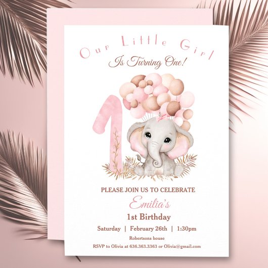 Invitation Premier anniversaire fille mignonne éléphant rose