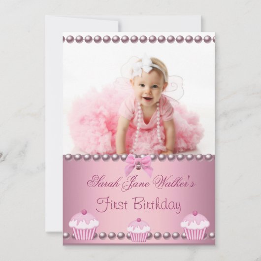 Invitation Premier anniversaire fille Pink Cupcakes Baby (Devant)