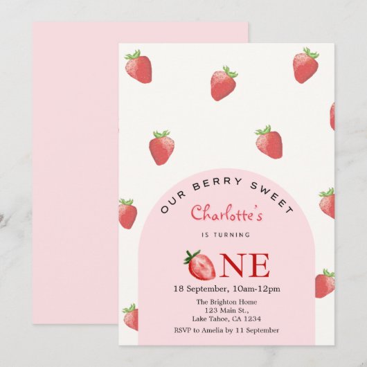 Invitation Premier anniversaire fraise (Devant / Derrière)