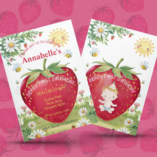 Invitation Premier anniversaire fraise pique-nique sucré un é