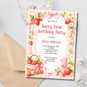 Invitation Premier anniversaire fraise rose à carreaux pour f