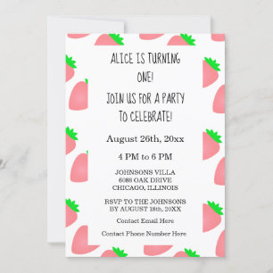 Invitation Premier anniversaire fraise rose bébé fille 2024