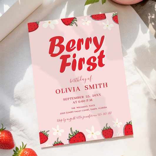 Invitation Premier Anniversaire Fraise Rouge Rose