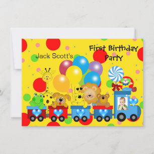 Invitation Premier anniversaire garçon Train Photo Animaux de
