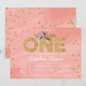 Invitation Premier anniversaire, Gold Parties scintillant Con (Devant / Derrière)