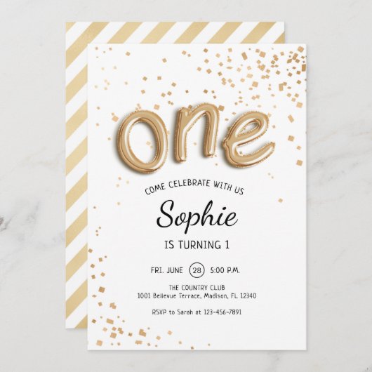 Invitation Premier anniversaire - Gold White (Devant / Derrière)