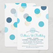 Invitation PREMIER ANNIVERSAIRE grand confetti taches garçon (Devant / Derrière)