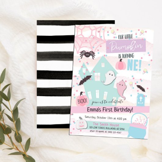 Invitation Premier anniversaire Halloween pastel de la petite