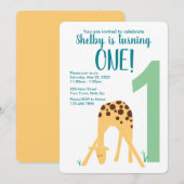 Invitation Premier anniversaire Jaune moderne bébé Giraffe (Devant / Derrière)