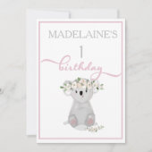 Invitation Premier anniversaire joli Koala Floral rose (Devant)