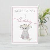 Invitation Premier anniversaire joli Koala Floral rose (Debout devant)