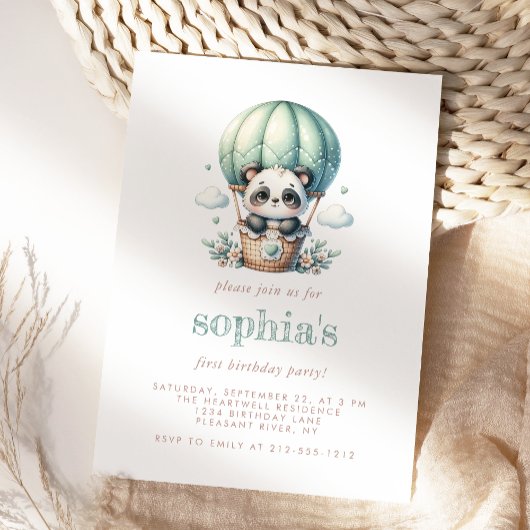 Invitation Premier Anniversaire Monnaie Vert Aquarelle Panda